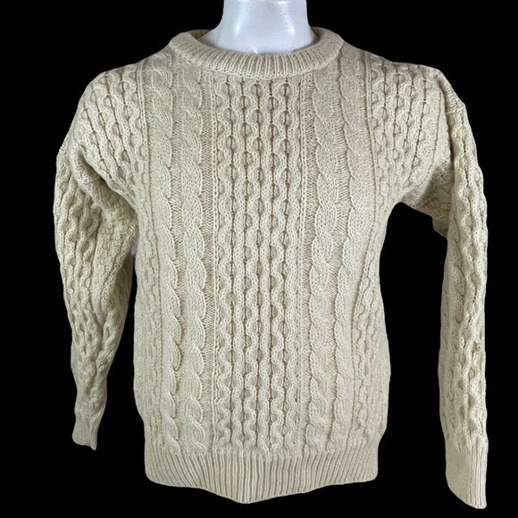 Gaeltarra Ireland Irish Aran Fisherman Ivory Wool Cable Knit Sweater Medium R1 - Picture 1 of 10